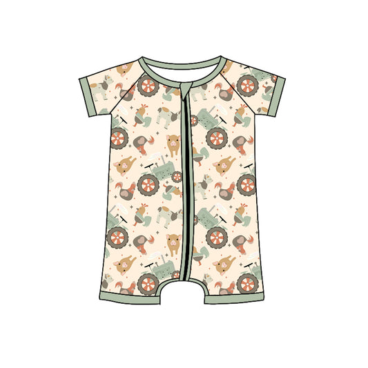 Preorder SR3019 Farm Animals Green Brown Zip Short Sleeve Romper Baby Girl Boutique Outfits 202503