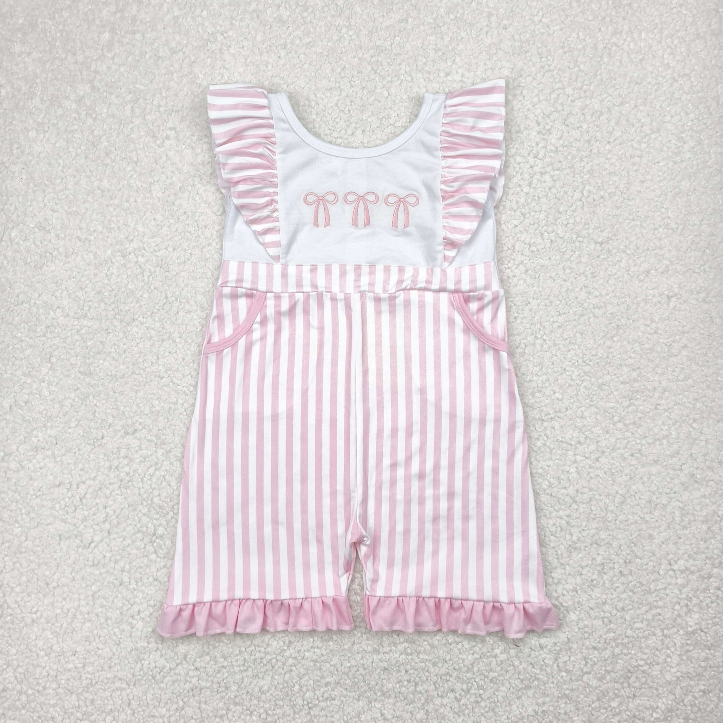 SR3025 Embroidered Pink Bows Stripe Ruffle Sleeveless Romper Overall Jumpsuit Girls Boutique Clothes 202504 RTS