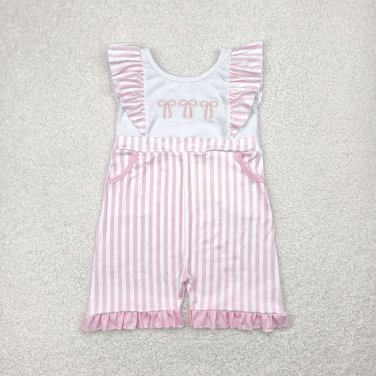 SR3025 Embroidered Pink Bows Stripe Ruffle Sleeveless Romper Overall Jumpsuit Girls Boutique Clothes  202504 RTS