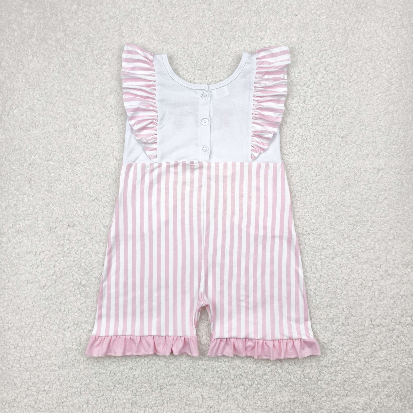 SR3025 Embroidered Pink Bows Stripe Ruffle Sleeveless Romper Overall Jumpsuit Girls Boutique Clothes 202504 RTS