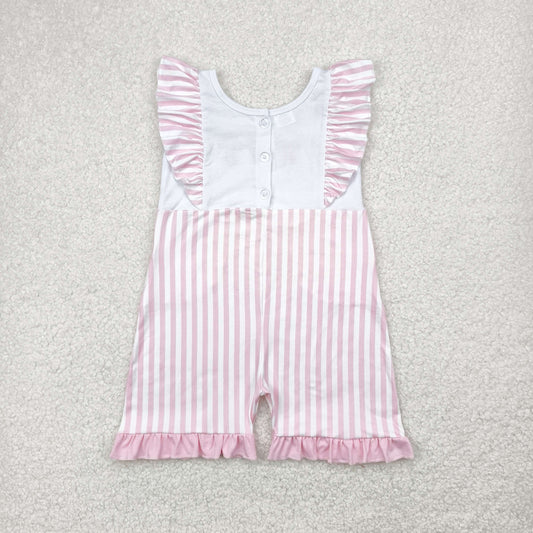 SR3025 Embroidered Pink Bows Stripe Ruffle Sleeveless Romper Overall Jumpsuit Girls Boutique Clothes  202504 RTS