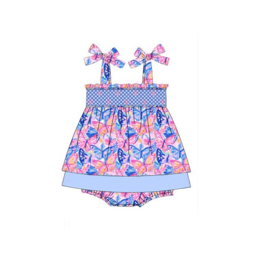 Preorder SR3028 Blue Pink Butterfly Sleeveless Romper Baby Girls Boutique Outfits 202503
