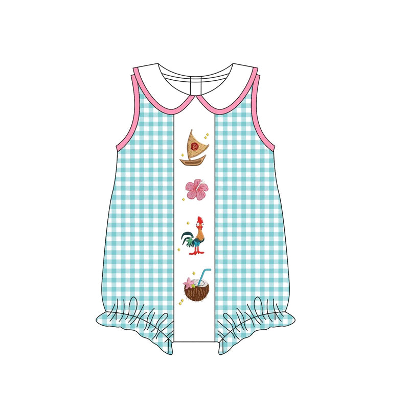 Preorder SR3034 Flower Sailboat Green Pink Plaid Doll Collar Sleeveless Bubble Romper Baby Girls Boutique Outfits 202503