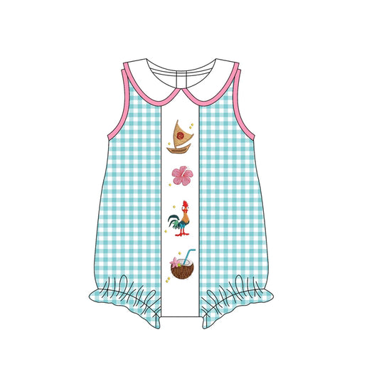Preorder SR3034 Flower Sailboat Green Pink Plaid Doll Collar Sleeveless Bubble Romper Baby Girls Boutique Outfits 202503