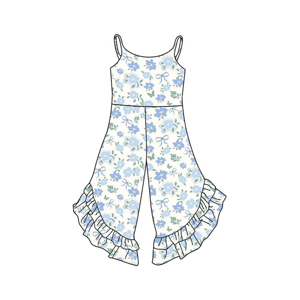 Preorder SR3036 White Green Flower Ruffle Sleeveless Romper Overall Jumpsuit Girls Boutique Clothes 202503