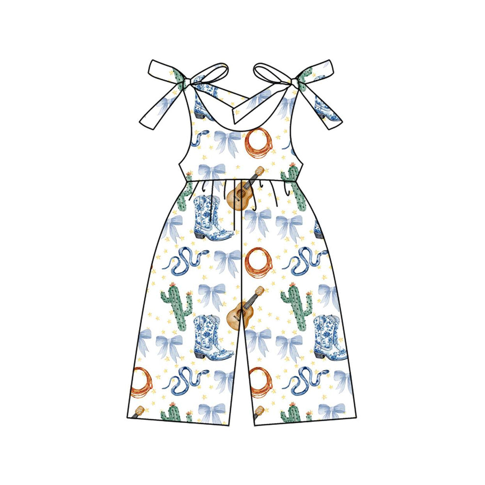 Preorder SR3041 Boots Bows Rodeo Blue White Sleeveless Romper Overall Jumpsuit Girls Boutique Clothes 202503