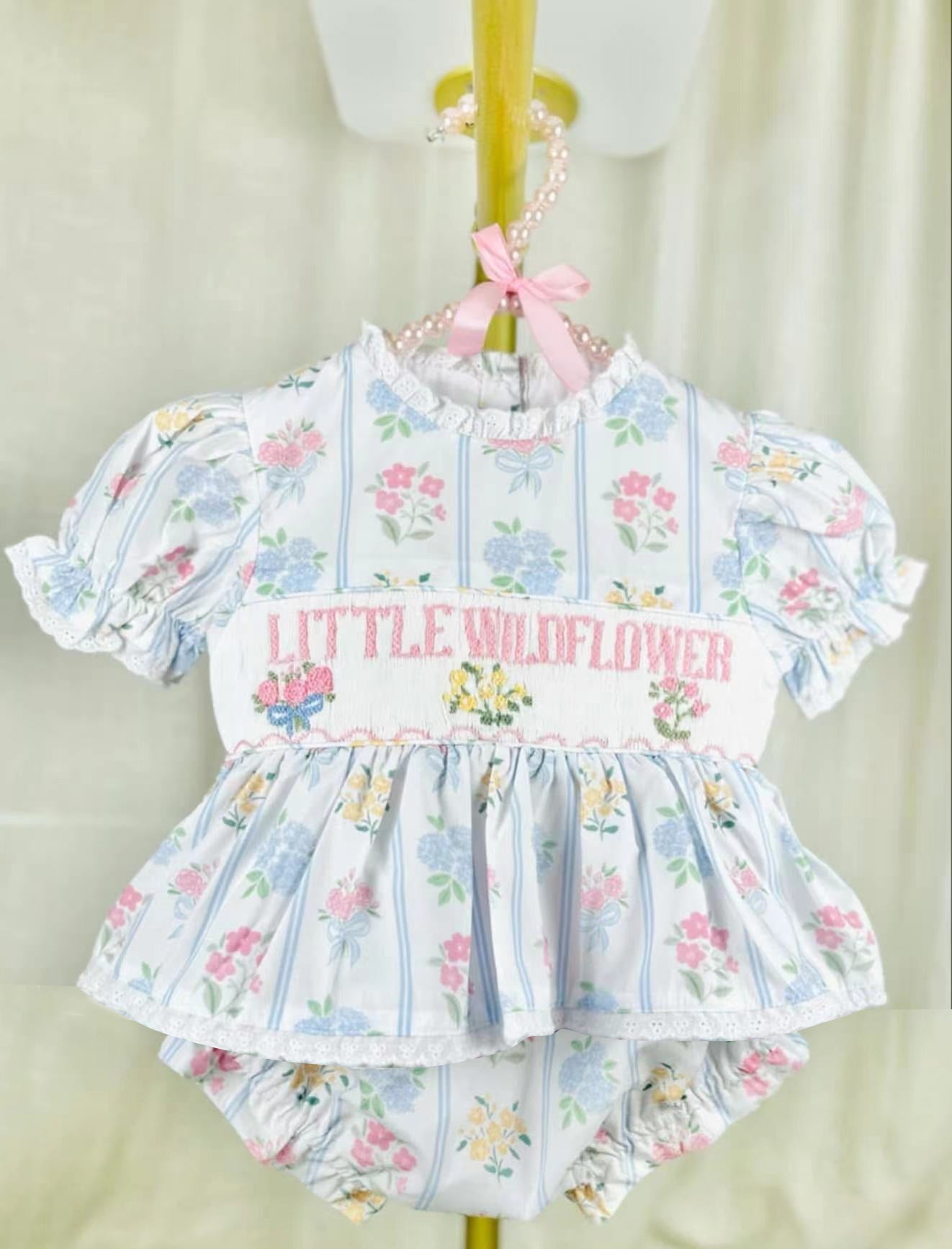 Preorder SR3043 letter pink blue flower short sleeve romper baby girls boutique outfits 202503