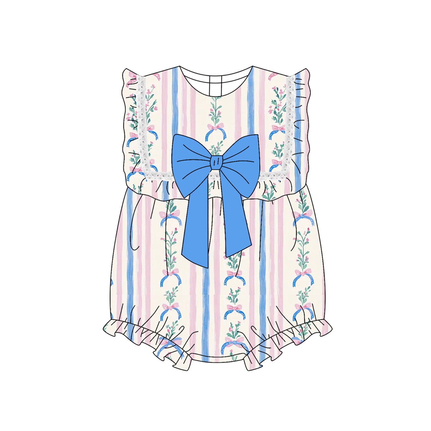 Preorder SR3045 pink blue bows flower striped ruffle sleeveless romper baby girls boutique outfits 202503