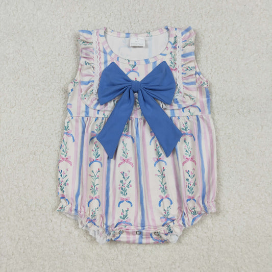 SR3045 Pink Blue Bows Flower Striped Ruffle Sleeveless Girls Bubble Romper 202510 RTS