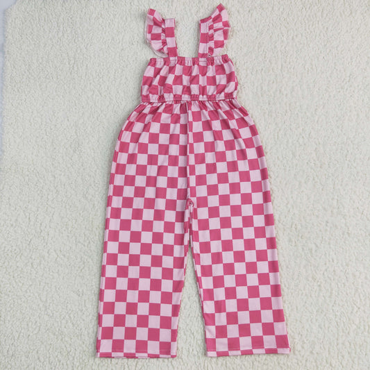SR3050 Rose Red Plaid Fly Sleeve Romper Overall Jumpsuit Girls Boutique Clothes  202506 RTS