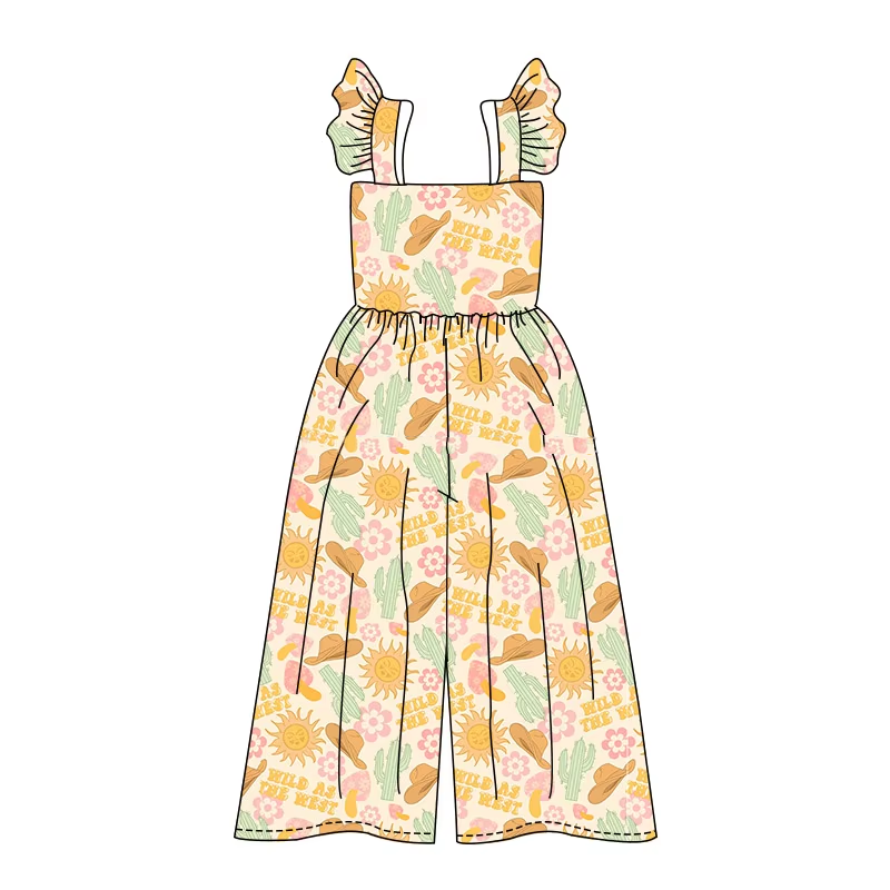 Preorder SR3051 Cactus Hat Flower Rodeo Fashion Orange Brown Fly Sleeve Romper Overall Jumpsuit Girls Boutique Clothes 202504