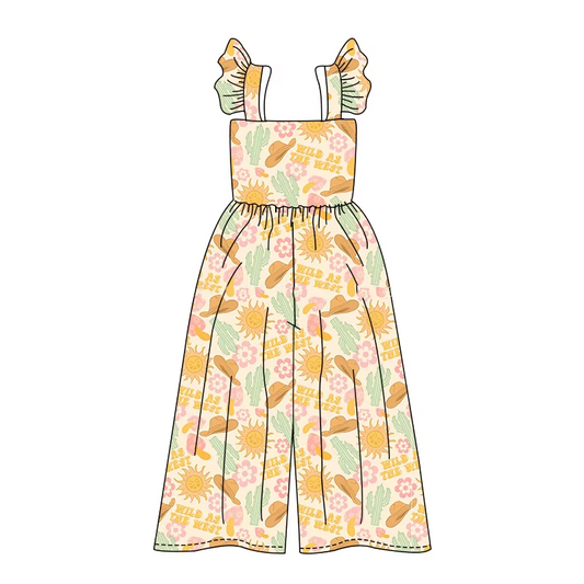 Preorder SR3051 Cactus Hat Flower Rodeo Fashion Orange Brown Fly Sleeve Romper Overall Jumpsuit Girls Boutique Clothes  202504