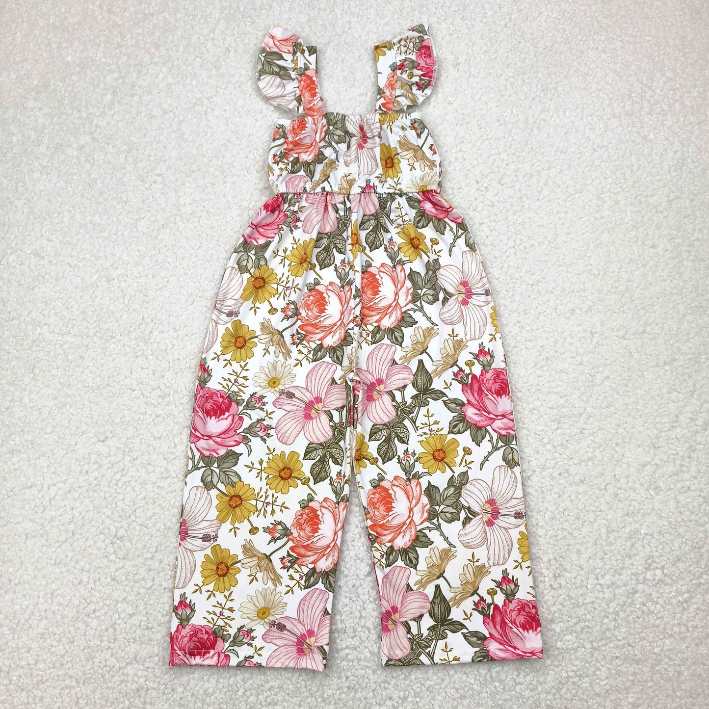SR3053 Flower Leaf White Fly Sleeve Romper Overall Jumpsuit Girls Boutique Clothes 202504 RTS