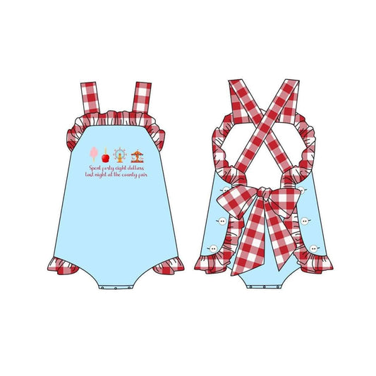 Preorder SR3055  Cotton Candy Ferris Wheel Blue Red Plaid Sleeveless Baby Girls Bubble Romper 202504