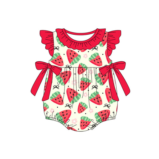 Preorder SR3062 Yellow Red Watermelon Bows Flying Sleeve Romper Baby Girls Romper 202504