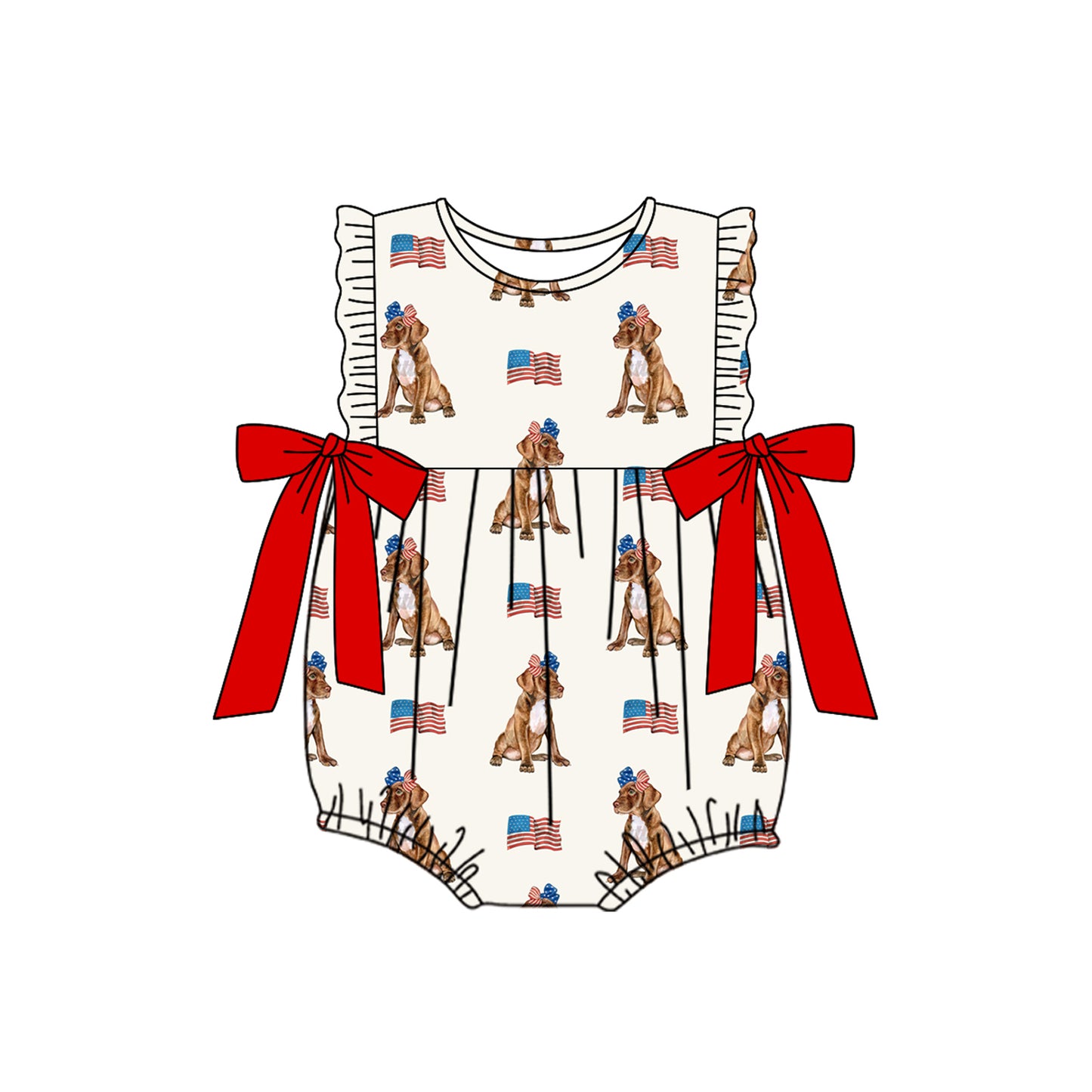 Preorder SR3063 4th of July Red Bows Flag Puppy Ruffle Sleeveless Romper Baby Girls Romper 202504