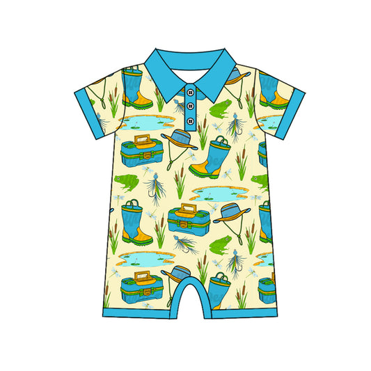 Preorder SR3065 Blue Green Fishing Polo Short Sleeve Romper Baby Boys Romper 202504