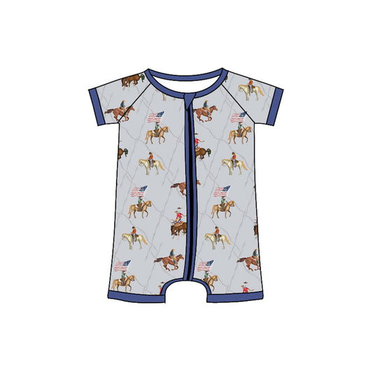 Preorder SR3066 4th of July Grey Blue Horse Flag Rodeo Short Sleeve Romper Baby Boys Romper 202504