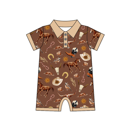 Preorder SR3076 Horse Rodeo Brown Polo Short Sleeve Romper Baby Boy Romper 202504