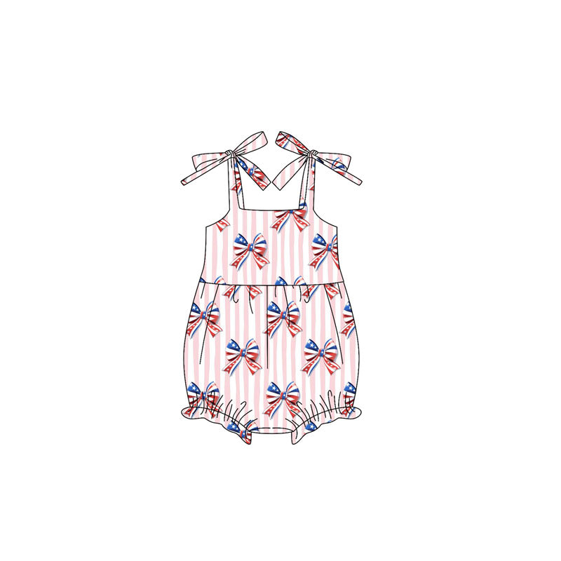 Preorder SR3081 4th of July Red Blue Bows Pink White Stripe Sleeveless Romper Baby Girl Romper 202504
