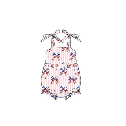 Preorder SR3081 4th of July Red Blue Bows Pink White Stripe Sleeveless Romper Baby Girl Romper 202504