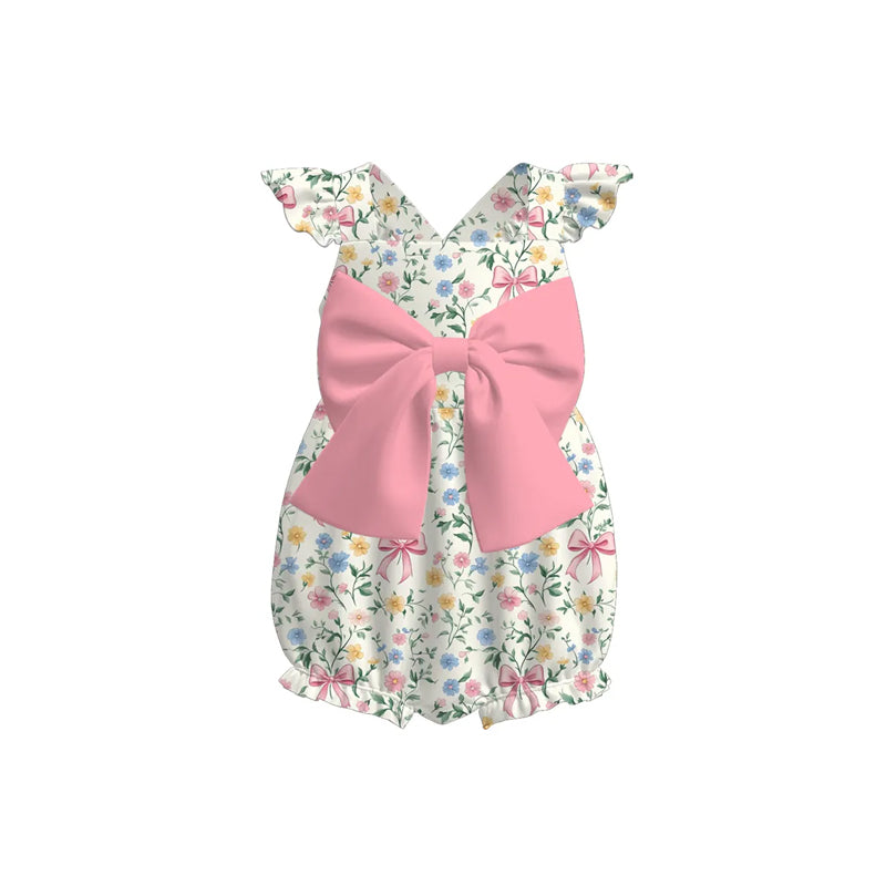 Preorder SR3082 Pink Big Bows Floral White Fly Sleeve Romper Baby Girl Romper 202504