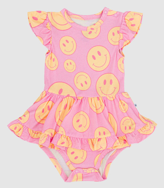 Preorder SR3084 Smile Face Pink Dress Ruffle Briefs Rompers Girls Boutique Swimming wear 202504