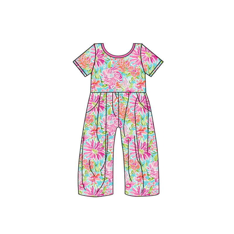 Preorder SR3088 Flower Rose Red Short Sleeve Overall Jumpsuit Girls Boutique Clothes 202504