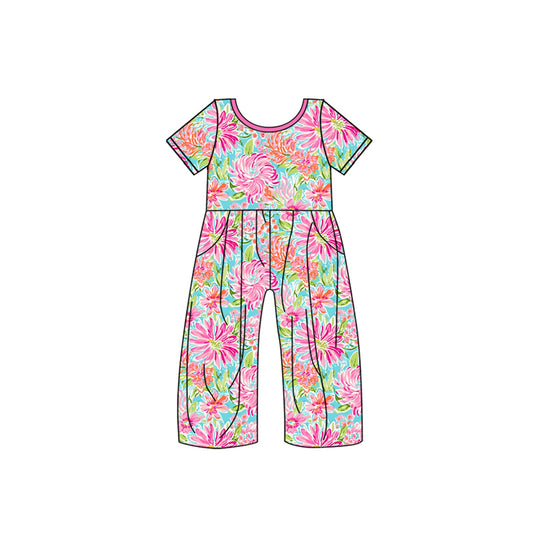 Preorder SR3088 Flower Rose Red Short Sleeve Overall Jumpsuit Girls Boutique Clothes  202504