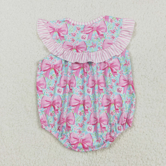 SR3089 I Love Dad Embroidered Pink Blue Bows Ruffle Fly Sleeve Romper Baby Girl Boutique Outfits 202505