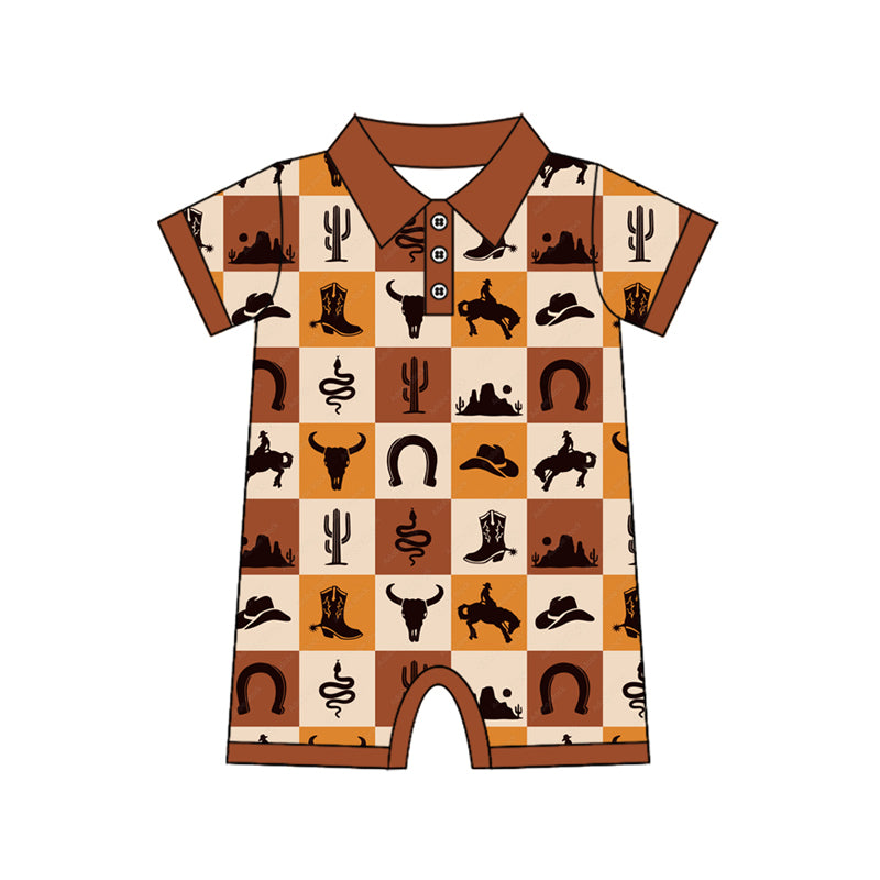 Preorder SR3094 rodeo horse cattle cowboy brown plaid short sleeve romper baby boy boutique outfits 202504