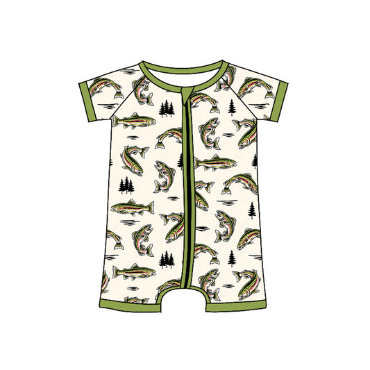 Preorder SR3095 fish tree beige green short sleeve romper baby boy boutique outfits 202504