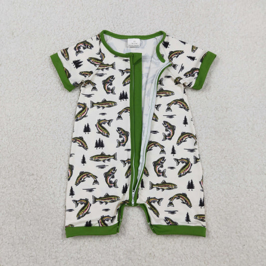 SR3095 fish tree beige green short sleeve romper baby boy boutique outfits 202602 RTS