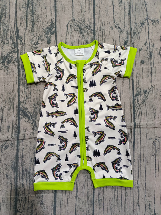 NO MOQ Preorder SR3095 fish tree beige green short sleeve romper baby boy boutique outfits 202601