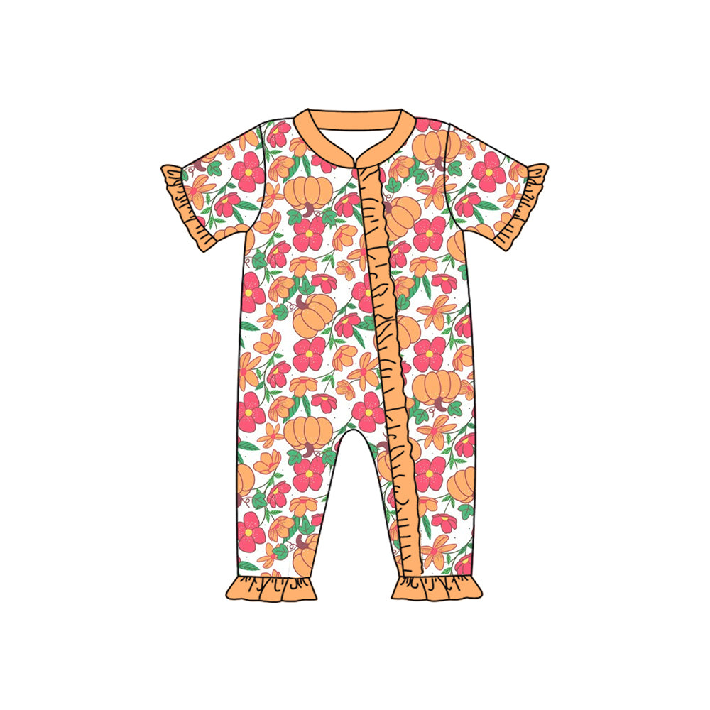 Preorder SR3096 Pumpkins Flower Orange Ruffle Zippy Short Sleeve Rompers Baby Girls Boutique Outfits 202504