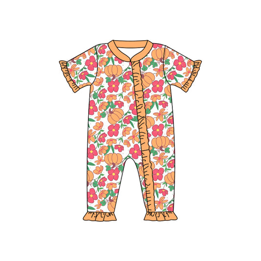 Preorder SR3096 Pumpkins Flower Orange Ruffle Zippy Short Sleeve Rompers Baby Girls Boutique Outfits 202504