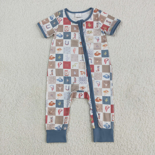 SR3098 Rodeo Horse Plaid Blue Zippy Short Sleeve Rompers Baby Boys Boutique Outfits 202505 RTS Local Warehouse