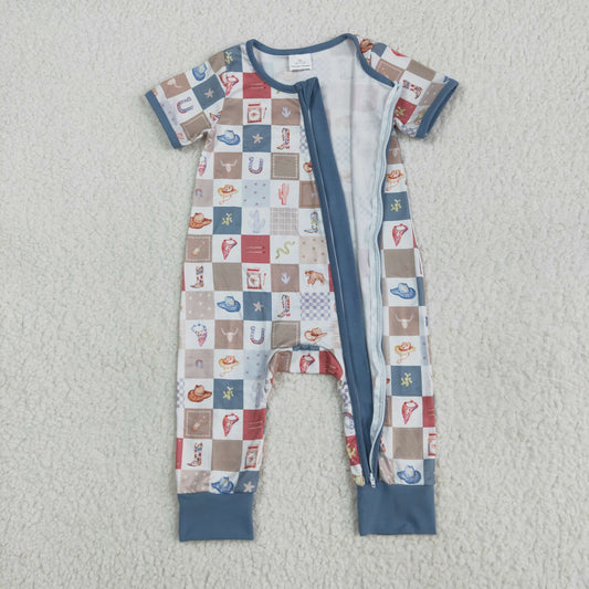 SR3098 Rodeo Horse Plaid Blue Zippy Short Sleeve Rompers Baby Boys Boutique Outfits 202505 RTS Local Warehouse