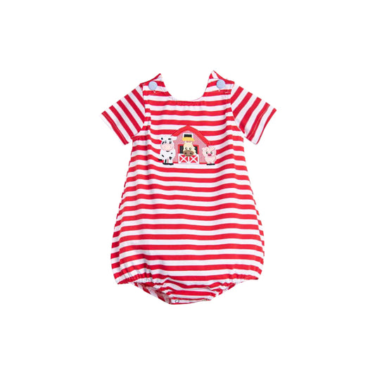 Preorder SR3101 Farm Animals Red Stripe Short Sleeve Rompers Baby Girl Boutique Outfits 202505