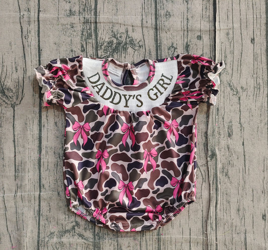 NO MOQ Preorder SR3105 DADDY‘S GIRL Pink Bows Camouflage Short Sleeve Girl Bubble Rompers 202511