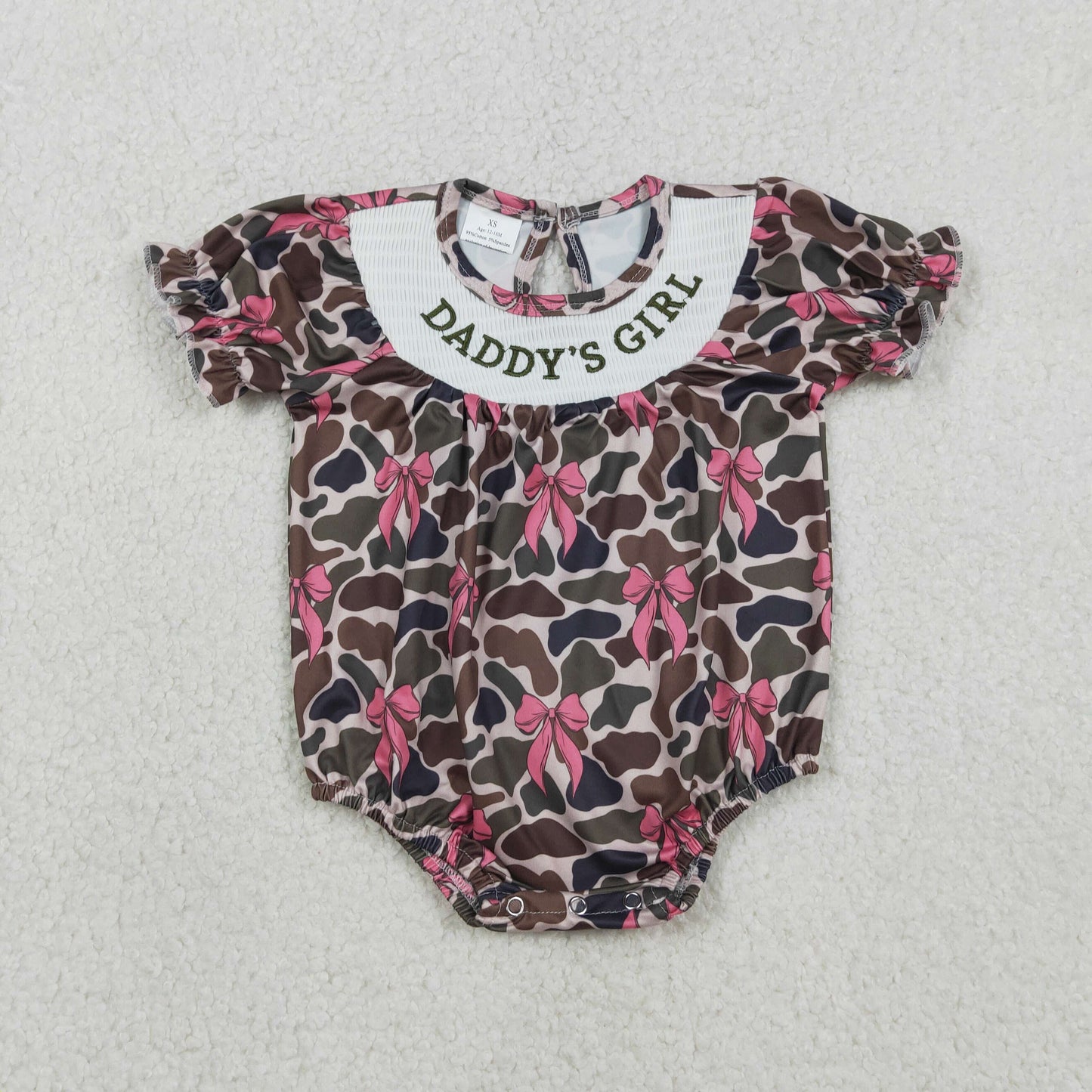 SR3105 Embroidered DADDY‘S GIRL Pink Bows Camouflage Short Sleeve Girl Bubble Rompers 202601 RTS