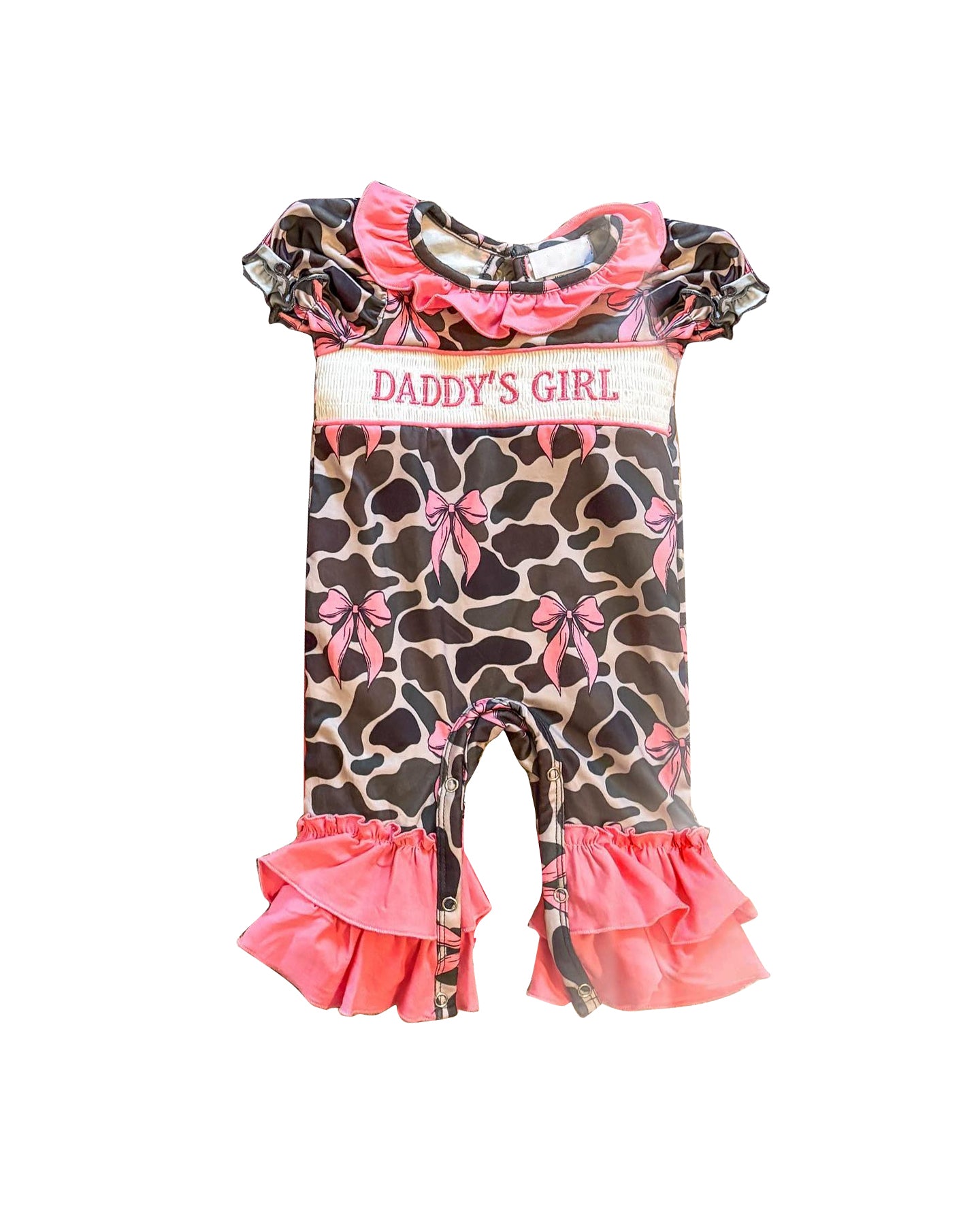 Preorder SR3106 Daddys Girl Pink Bows Camo Short Sleeve Ruffle Rompers Baby Girl Boutique Outfits 202505