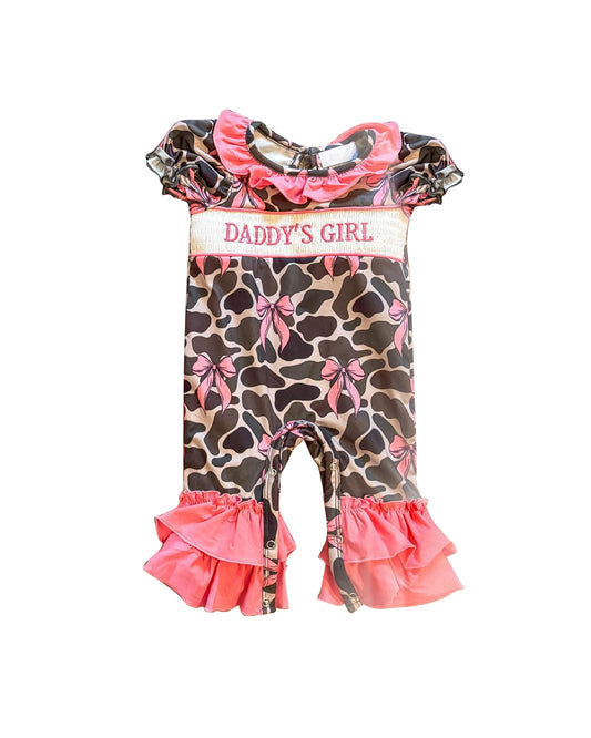 Preorder SR3106 Daddys Girl Pink Bows Camo Short Sleeve Ruffle Rompers Baby Girl Boutique Outfits 202505