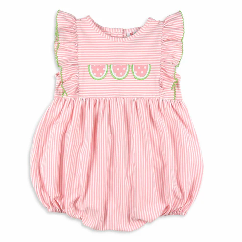 Preorder SR3107 Watermelon Pink Stripe Ruffle Sleeveless Bubble Rompers Baby Girl Boutique Outfits 202505