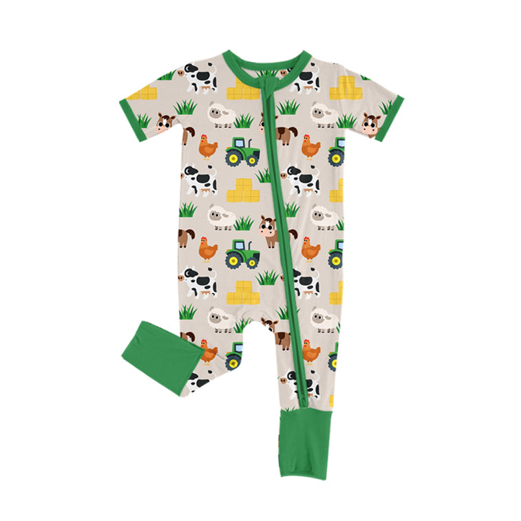 Preorder SR3108 Farm Animals Green Short Sleeve Zippy Romper Baby Boy Boutique Outfits 202505