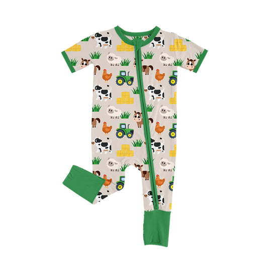 Preorder SR3108 Farm Animals Green Short Sleeve Zippy Romper Baby Boy Boutique Outfits 202505