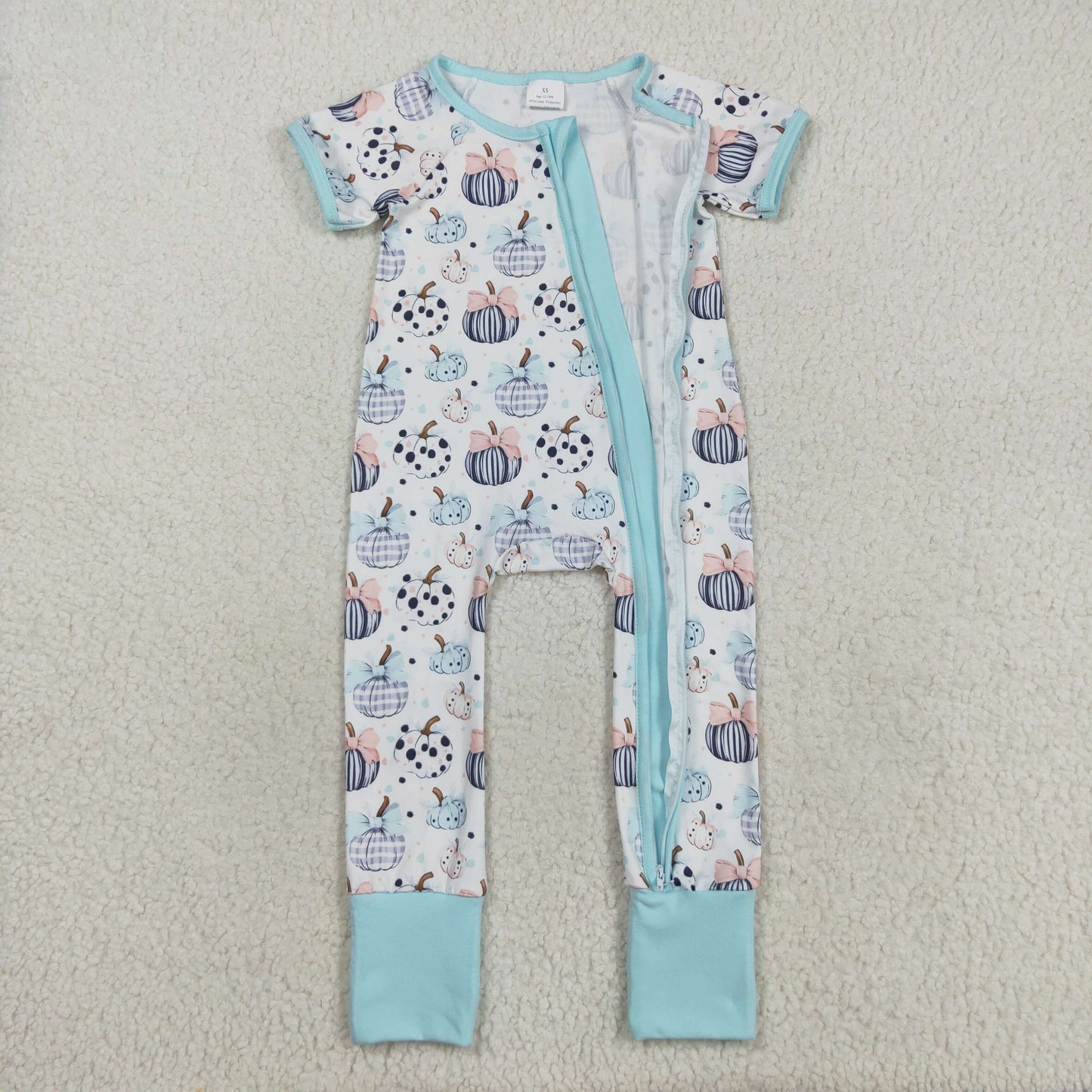 SR3109 Pumpkin Bow Blue White Short Sleeve Zippy Girls Romper 202508 RTS