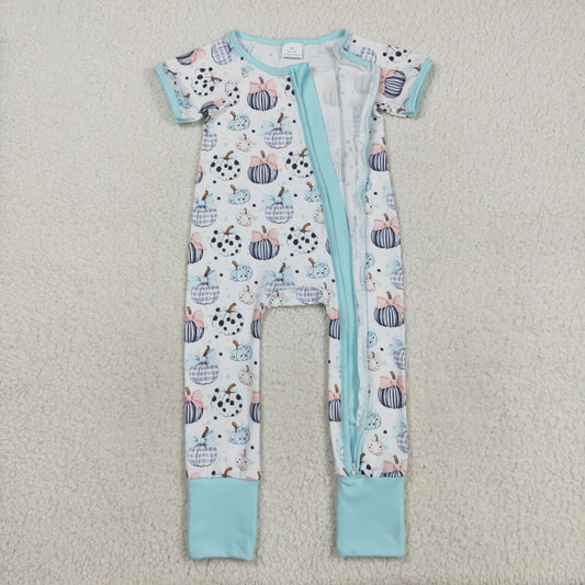 SR3109 Pumpkin Bow Blue White Short Sleeve Zippy Girls Romper 202508 RTS