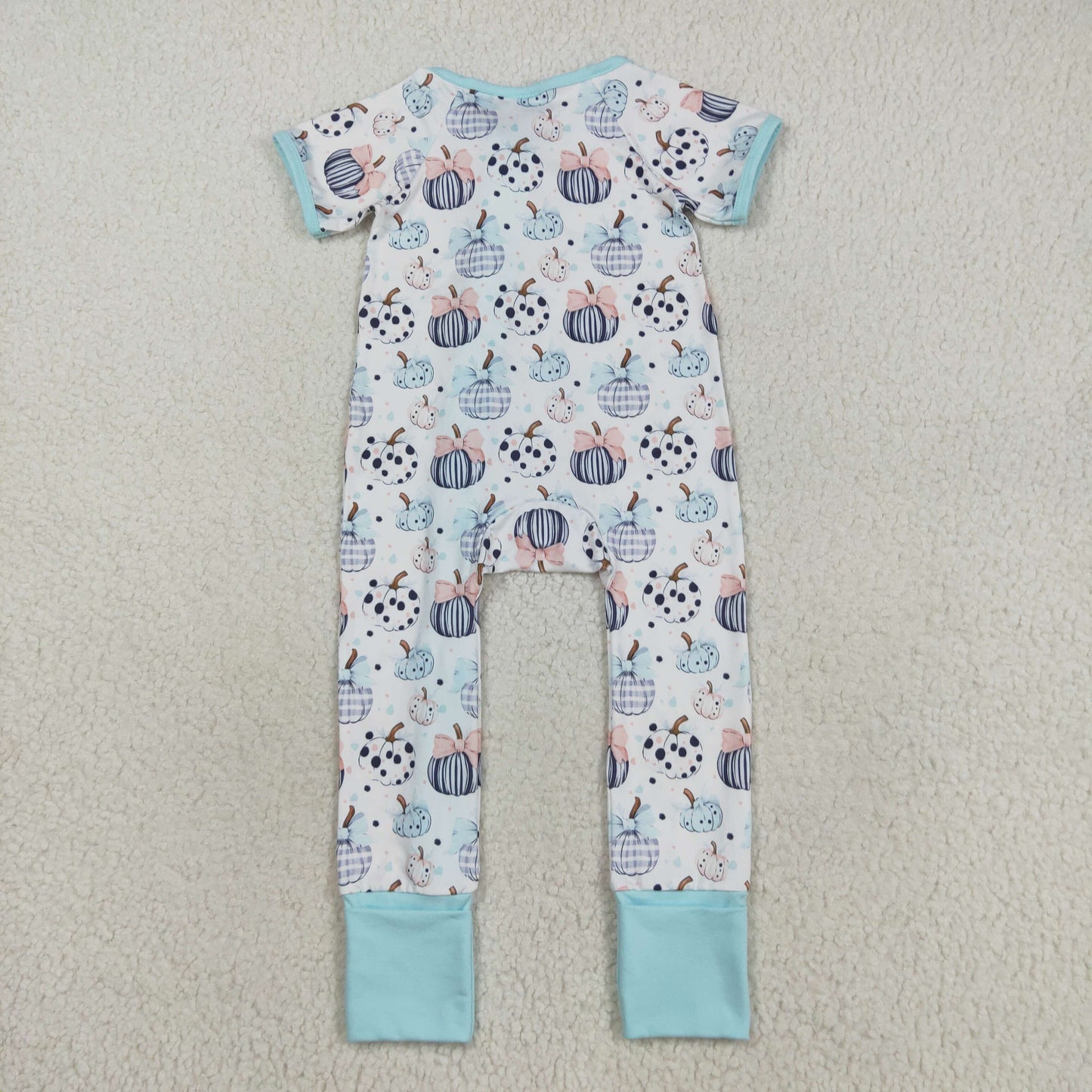 SR3109 Pumpkin Bow Blue White Short Sleeve Zippy Girls Romper 202508 RTS
