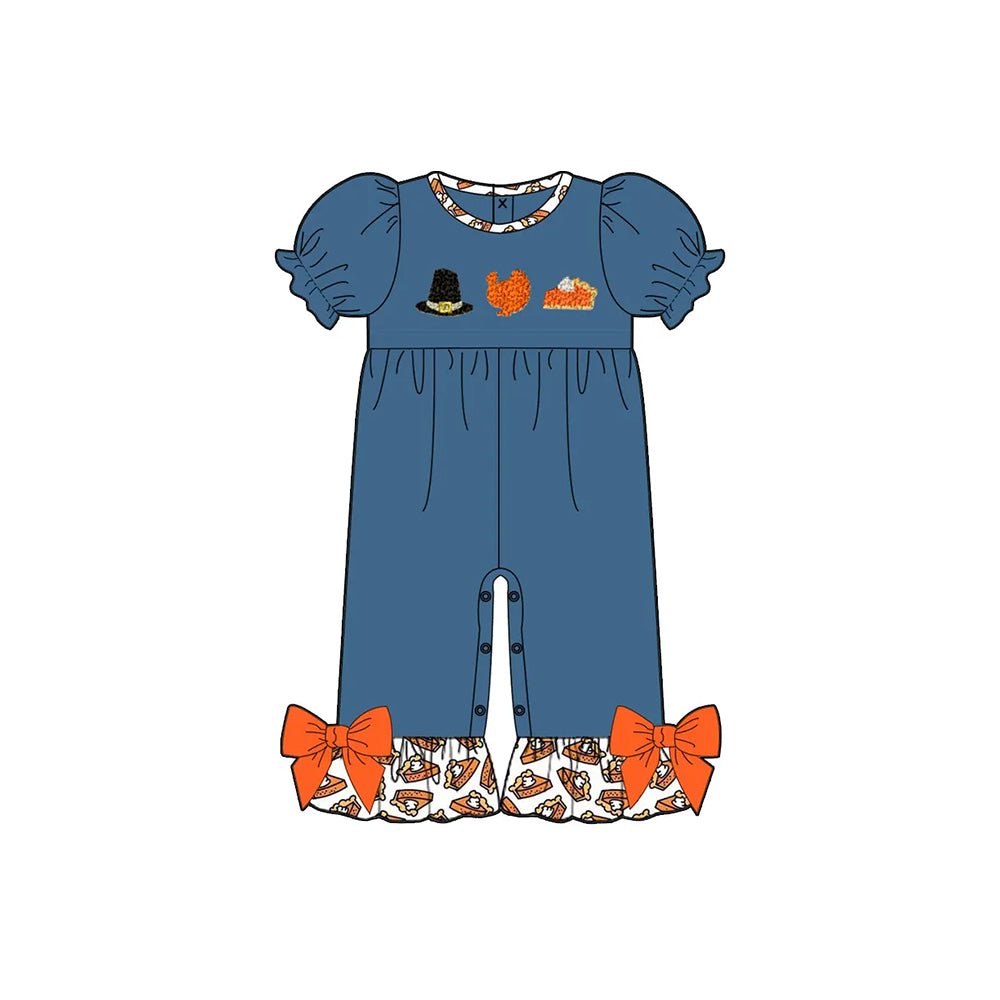 Preorder SR3110 Hat Turkey Cake Bow Navy Blue Short Sleeve Romper Baby Girl Boutique Outfits 202505